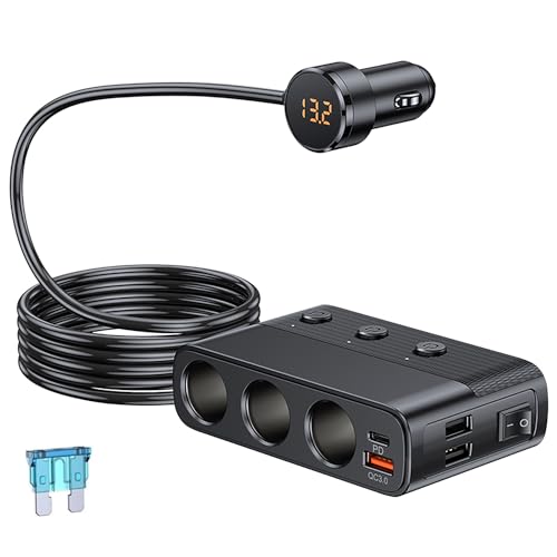 Timloon シガーソケット3連 急速充電器USBポート4連 シガーソケット分路器付き LED電圧表示 PD/QC3.0充電器 独立スイッチ搭載 127W 12/24V車対応